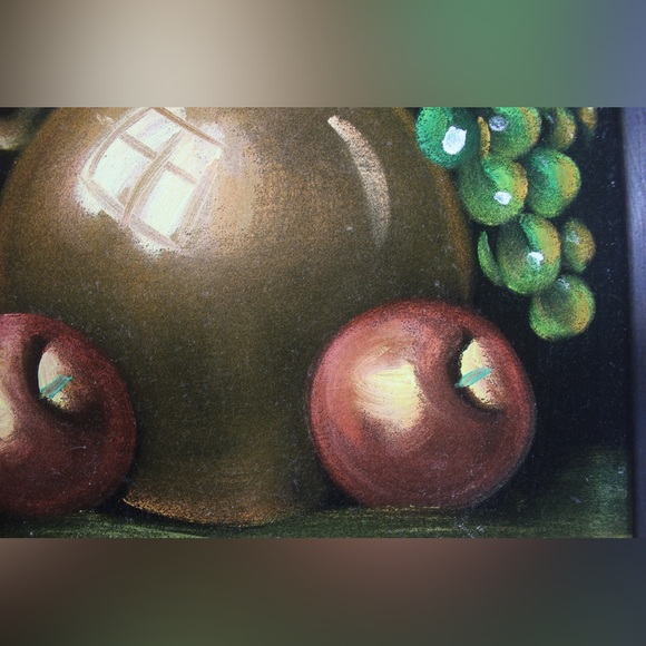 1960’s Vintage Black Velvet Painting Still Life Fruit Pitcher Wood Frame - Picture 4 of 6